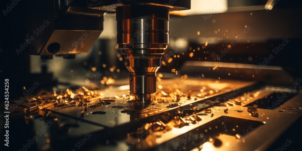Poster machine close up, high-speed cnc machine creates metal parts with precision in an industrial worksho