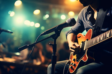 Obraz premium detail of Guitarists on stage for background holding guitar and playing