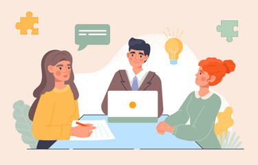 People with creative ideas concept. Man and women with light bulb sitting at table. Brainstorming and insight. Colleagues and partners work at common task. Cartoon flat vector illustration