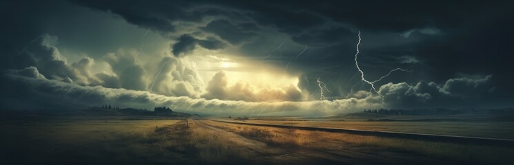 Dark cloudy sky before thunderstorm panoramic background. Storm heaven panorama. Generative AI