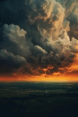 Fototapeta premium Dark cloudy sky before thunderstorm panoramic background. Storm heaven panorama. Generative AI