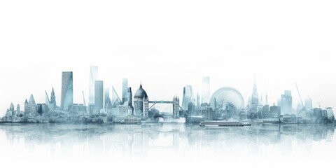 Naklejka premium panorama of london pencil, Silhouette of London Skyline in Black-and-White Pencil Drawing, Highlighting Iconic Landmarks like London Eye, Big Ben, and Swiss Re Tower against a Serene White Background