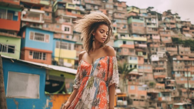 Fashion outdoor photo of a beautiful sensual fair-haired girl in an elegant dress posing outdoors with favelas in the background. Attractive model woman in a dress posing in the old poor city.