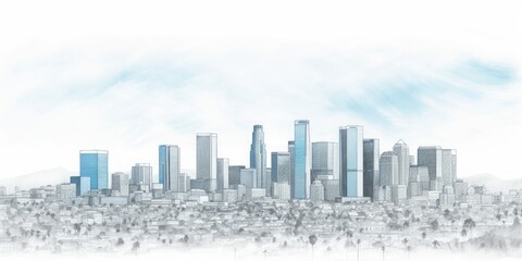 Naklejka na ściany i meble panorama of los angels pencil drawing, Silhouette of Los Angeles Skyline in Light Blue Pencil Drawing, an Artistic Interpretation of Iconic Landmarks on a Serene White Background