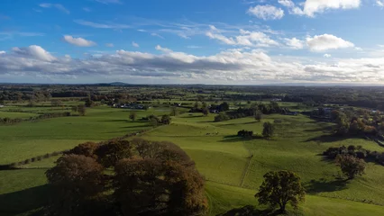 Poster de jardin Prairie, marais Aerial view on green fields and meadows. Stunning aerial shot over lush green fields and meadows .  © Zbignev