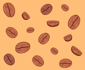 3D Coffee beans creative pattern on yellow background. Top view. Coffee beans and Energy concept, huge coffee beans