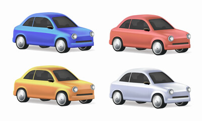 3D cars set. Taxi cedan auto different colors. Urban, city cars and vehicles transport 3D vector icons. Car automobile