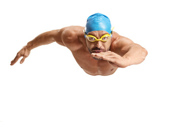 Male swimmer with a cap and goggles swimming towards camera