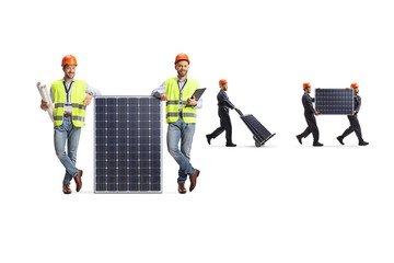 Fototapeta premium Engineers and factory workers with photovoltaic panels