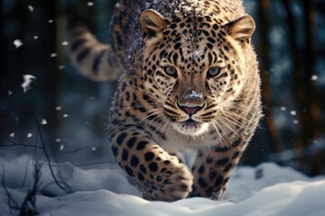 The sight of a leopard running in a forest covered in snow.