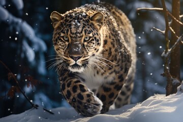 Fototapeta premium The sight of a leopard running in a forest covered in snow.