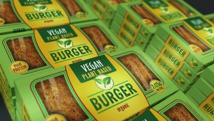 Vegan burger green organic food box production line. Vegetarian hamburger eco friendly meal pack factory. Abstract concept 3d rendering loopable seamless animation.