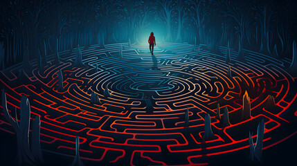Psychology, psychiatry and mental health. philosophic line illustration of man, searching for the meaning of life, labyrinth, fingerprint and life path for poster, magazine cover and background 
