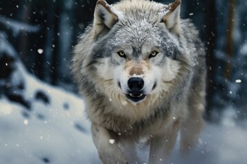 The sight of a wolf running in a forest covered in snow.
