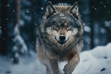 Obraz premium The sight of a wolf running in a forest covered in snow.
