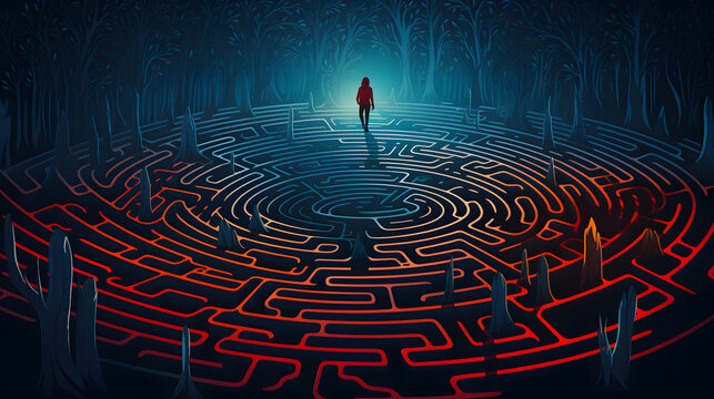 Psychology, psychiatry and mental health. philosophic line illustration of man, searching for the meaning of life, labyrinth, fingerprint and life path for poster, magazine cover and background 
