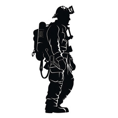 Firefighter illustration, CNC solid black clean vector shape, white background