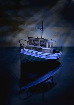 Small boat, digital drawing of a small vessel moored at night, hand drawn illustration.