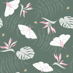 Fototapeta na wymiar Seamless pattern with tropical leaves and butterflies. Natural abstract exotic print. Vector graphics.
