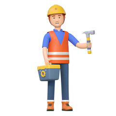 construction worker carrying hammer and toolbox 3d cartoon character illustration