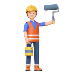construction worker carrying paint roller and paint bucket 3d cartoon character illustration