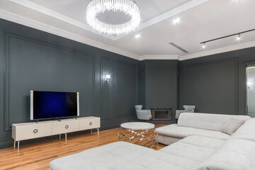 A living room in a mansion with a luxurious interior design. The room is decorated in .white and gray. Stylish furniture, beautiful ceiling lamp.