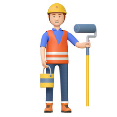 construction worker carrying paint roller and paint bucket 3d cartoon character illustration