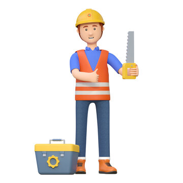 construction worker carrying wood saw 3d cartoon character illustration