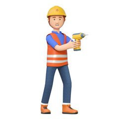 construction worker holding electric drill 3d cartoon character illustration