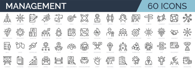 Set of 60 outline icons related to management, administration, supervision, leadership, business, governance. Linear icon collection. Editable stroke. Vector illustration - obrazy, fototapety, plakaty