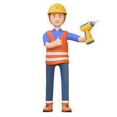 construction worker holding electric drill 3d cartoon character illustration
