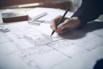 architect working on blueprint, Architecture: Architects Hand on Plans Creates a Vision in Orange and Indigo, White Office, Inspiring Skyscraper