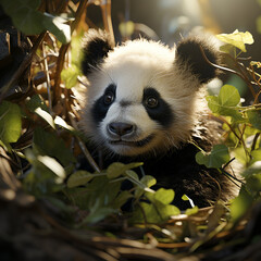 Sweet baby panda in the outdoors Generative AI