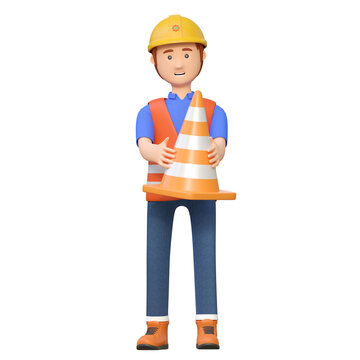 construction worker holding road cone 3d cartoon character illustration