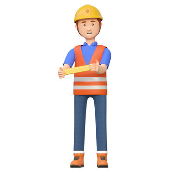 construction worker holding ruler and tape measure tool 3d cartoon character illustration
