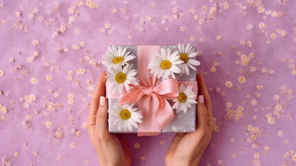 Close-up of female hands holding a small gift, surprise gift box. Small gift in hand. focus on the small box.