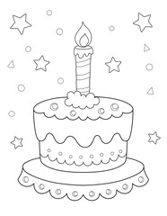 black and white birthday cake coloring sheet. you can print it on 8.5x11 inch paper