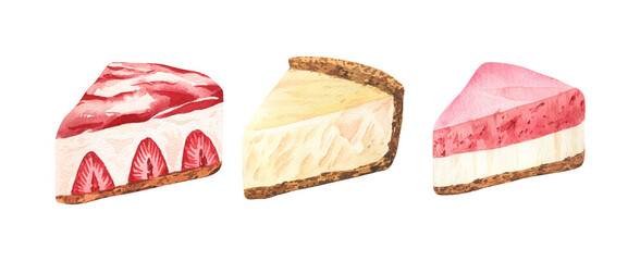 Watercolor dessert, piece of cheesecake with fresh strawberries. Hand-drawn illustration isolated on white background. Perfect food menu, food drawing, design packing, print