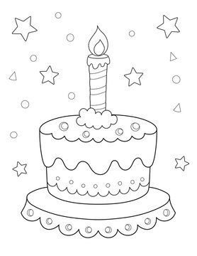black and white birthday cake coloring sheet. you can print it on 8.5x11 inch paper