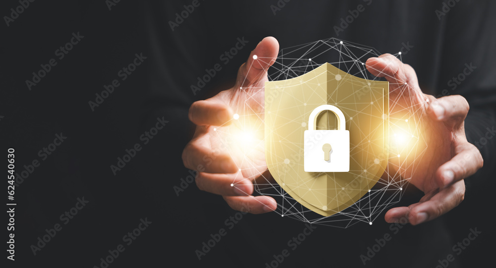Poster businessman ensures data security with shield protect icon on palm, emphasizing the concept of netwo