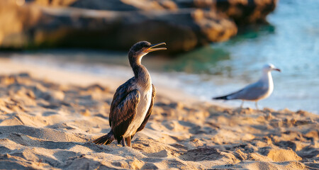 Cormorant and seagulls on a mediterranean beach