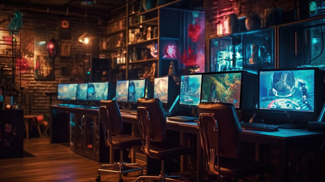 High-end Internet cafe with modern computers for playing video games