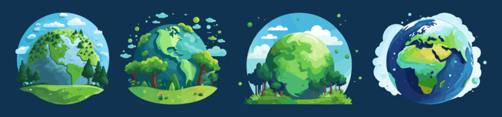 planet earth illustration set, cartoon, water planet earth, living planet, ecosystem, environment, environmental health - obrazy, fototapety, plakaty