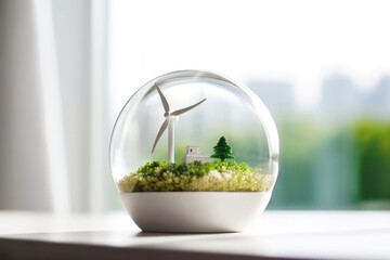 A transparent glass globe with a miniature landscape of nature, a small house and a tiny wind turbine inside stands on a windowsill. The concept of ecology, climate optimism and calm. Copy space