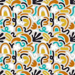 Hand drawn contemporary art collage with multicolor abstract shapes. Vector seamless pattern with modern Scandinavian design elements.