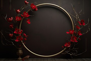 3d wallpaper of circular flowers wreath hanging on a dark background, in the style of the aesthetic movement.