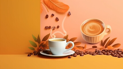 
coffee, delicious hot drink in a white cup with coffee beans, promo banner for advertising. Minimal background. copyspace.
Generative AI