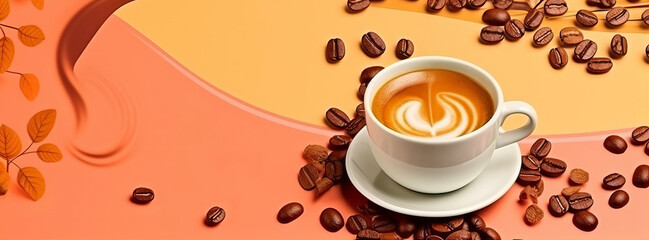 Obraz premium coffee, delicious hot drink in a white cup with coffee beans, promo banner for advertising. Minimal background. copyspace. Generative AI