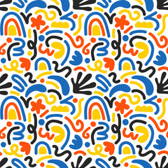 Fototapeta premium Hand drawn contemporary art collage with multicolor abstract shapes. Vector seamless pattern with modern Scandinavian design elements.