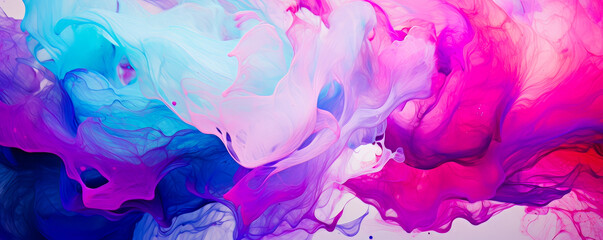 colorful image of a multi-colored liquid, flying and flowing, light purple and pink, bright saturated background. banner ready to use on the site. AI generation.
